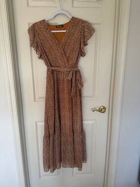 Women's Rust Floral Wrap Midi Dress with Tie Waist